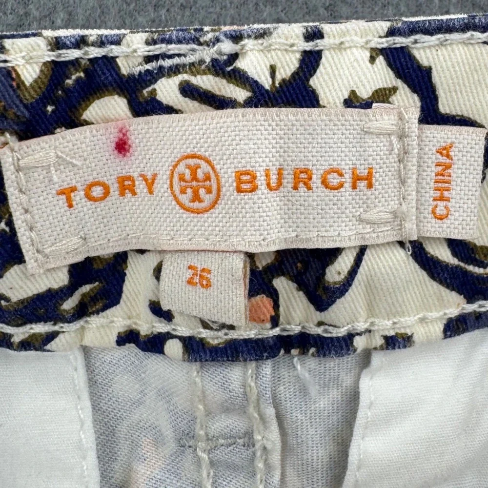 Tory Burch Cropped Skinny Jean 26 Blue Floral Print Side Zip Chic Mediterranean